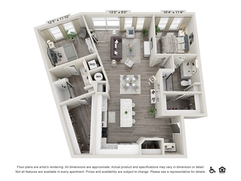 Floor plan for 2 beds, 2 baths, 1313 sqft